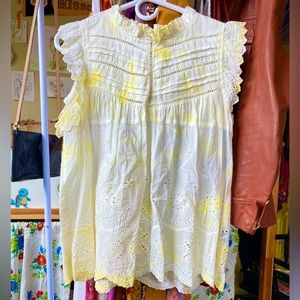NWT POL Yellow Tie Dye Ruffle Sleeveless Blouse